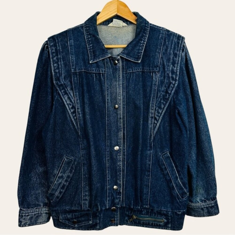Vintage 80s Snap Up Denim Jean Retro Oversized Pleated Rockabilly Bomber Jacket